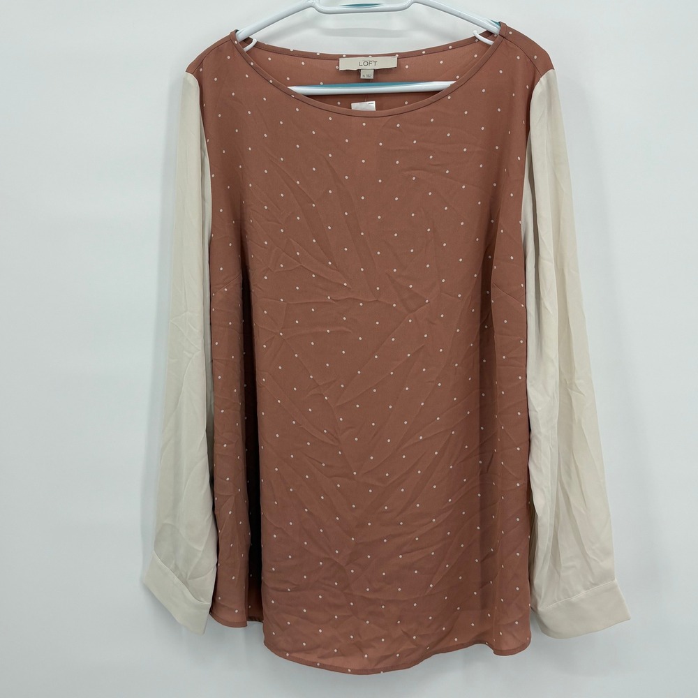 LOFT Womens XL Polka Dot Colorblock Blouse Rust Cream Long Sleeve NWT NEW